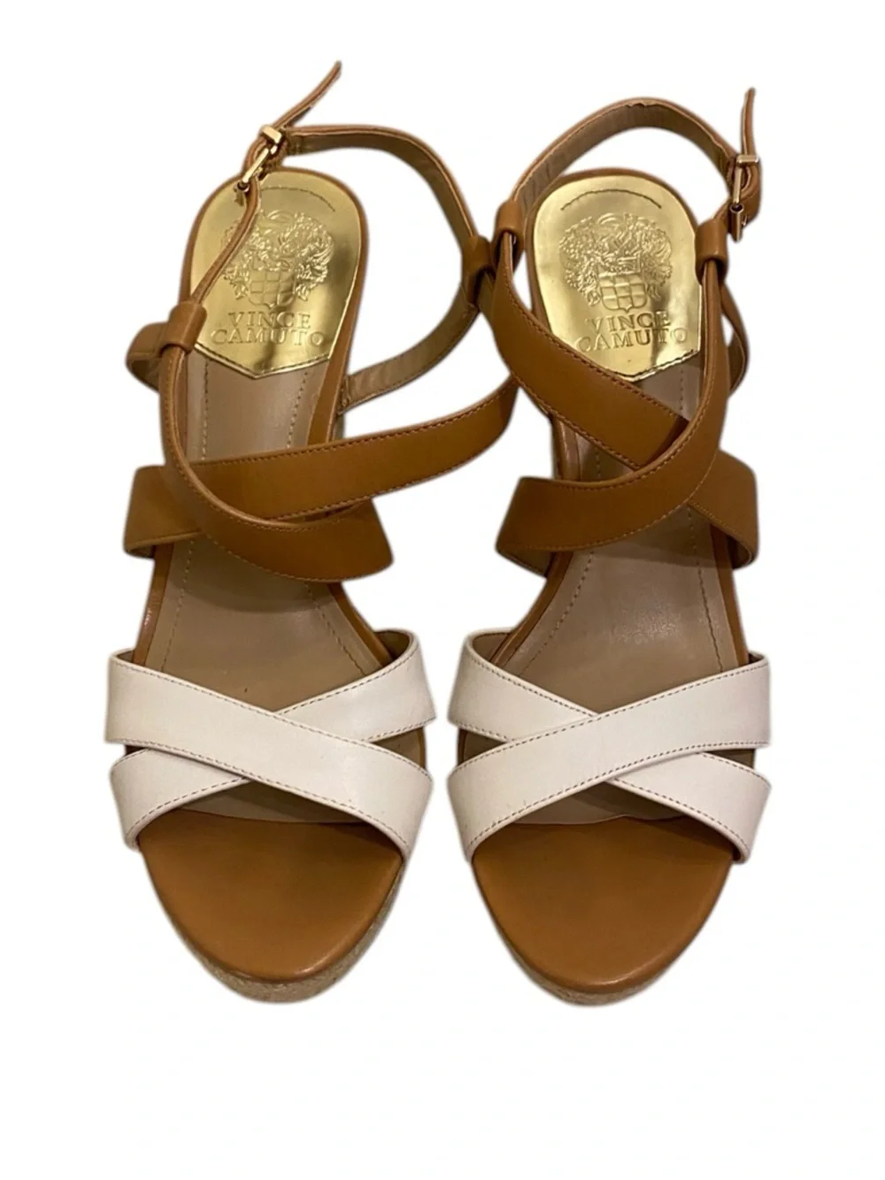 Vince Camuto Tan and White Espadrille Wedge Sandals